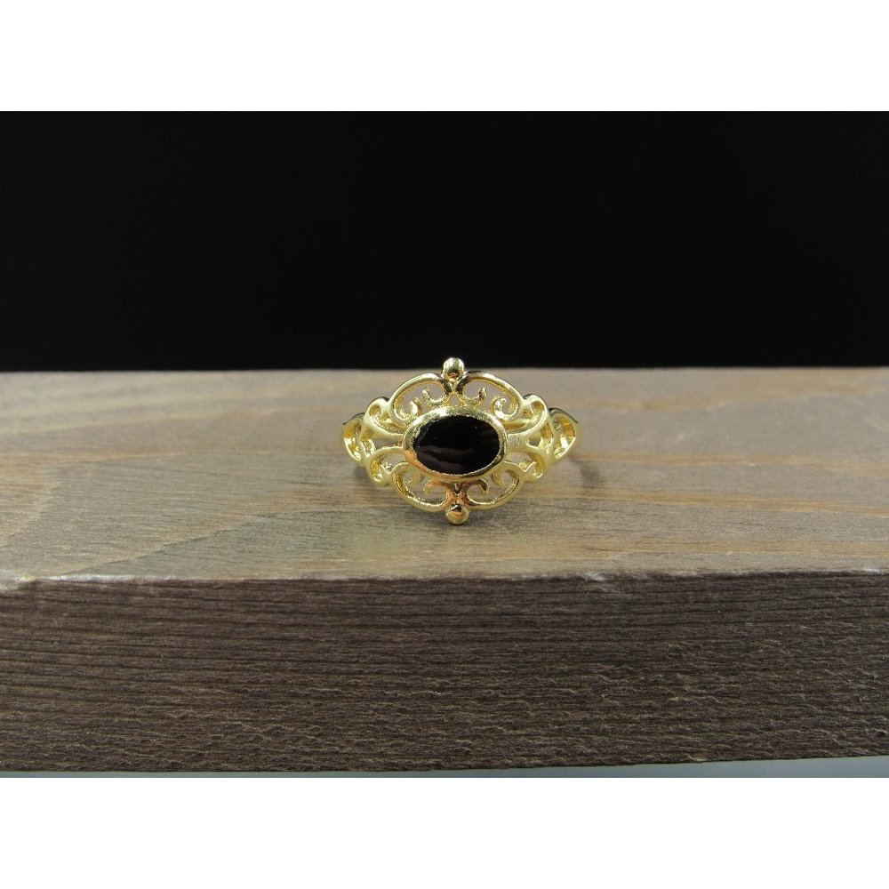 Size 7.5 Sterling Silver Ornate Black Inlay Gold Plated Band Ring Vintage